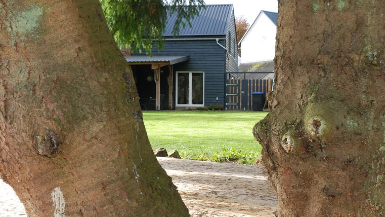 Ein modernes, blaues Haus ist durch zwei Bäume sichtbar. Der Garten ist grün und gut gepflegt.