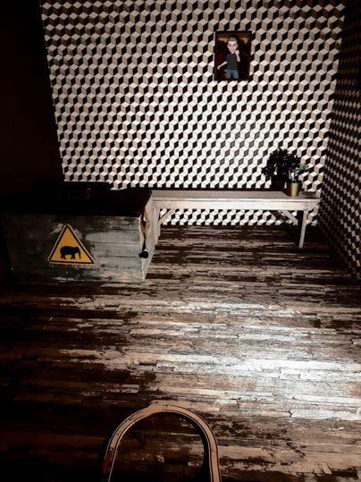 Raum mit Würfelmuster an der Wand, Holzboden, Bank, Kiste mit Bärenschild und Bild an der Wand. Optische Täuschung im Escape Room.