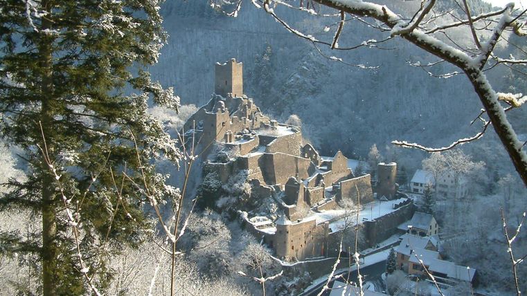 Eine beeindruckende Burg in einer verschneiten Landschaft. Die Umgebung ist von winterlicher Ruhe und frostigen Bäumen geprägt.
