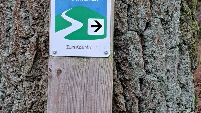 A signpost with the indication "Eifel Schleifen" indicates the direction to Kalikofen. The signpost stands in front of a tree bark.