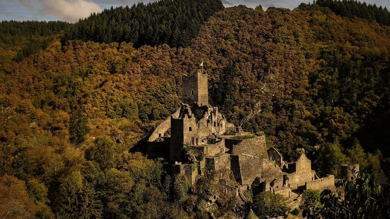 Eine mittelalterliche Burg inmitten von bunten Herbstbäumen. Die Ruine ist umgeben von einer malerischen Landschaft mit sanften Hügeln.