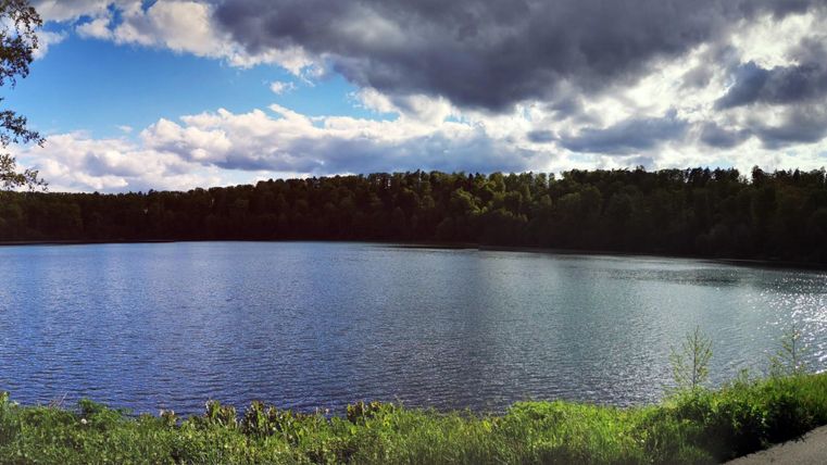 Een rustige meer omgeven door bomen en een groene weide. De lucht is gedeeltelijk bewolkt met stralen van zonlicht.