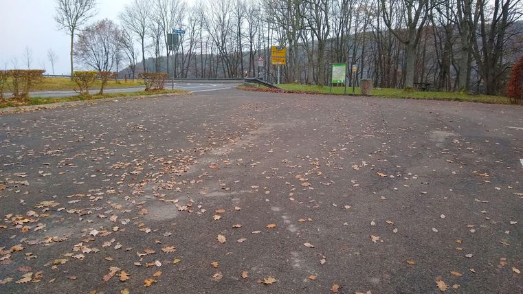 An empty parking lot with fallen leaves and barren trees in the background. The sky is cloudy and it is a quiet atmosphere.