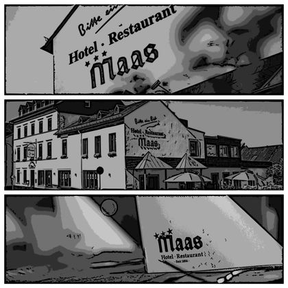 Een hotel en restaurant met de naam "Maas". Het gebouw heeft een uitnodigende gevel en een gezellige sfeer.