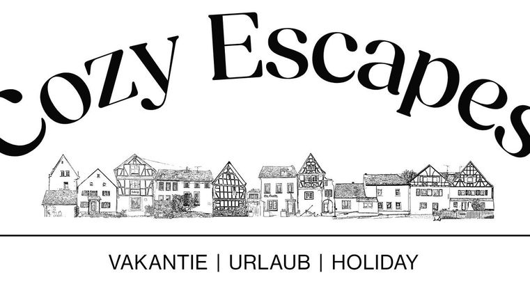 A stylized representation of houses under the inscription "Cozy Escapes". The text emphasizes themes like vacation and relaxation.