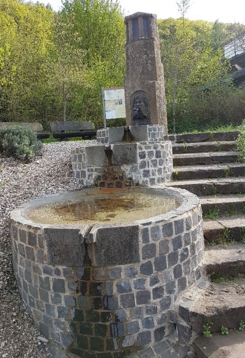 Eine historische Brunnenanlage aus Stein mit einer wasserführenden Aussparung. Im Hintergrund sind grüne Bäume und ein Treppenaufgang sichtbar.