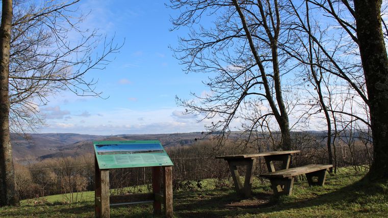 Een uitkijkpunt met een tafel en een bank staat onder bomen. Op de achtergrond is een wijd landschap en een heldere blauwe lucht te zien.