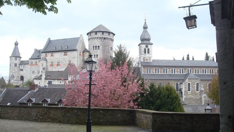 Burg Stolberg mit blühendem Kirschbaum im Vordergrund.