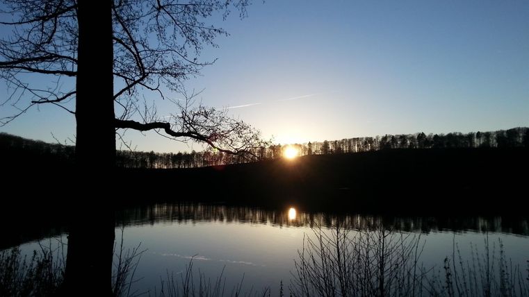 A picturesque sunset over a calm lake. Trees frame the scene and are gently reflected in the water.