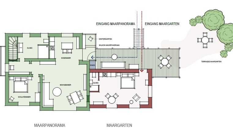 Ein Grundriss eines Hauses mit verschiedenen Räumen und einem Gartenbereich. Der Plan zeigt die Anordnung von Zimmern und Eingängen.