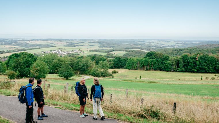 Een groep wandelaars staat op een pad en geniet van het uitzicht op het groene landschap. Op de achtergrond zijn zachte heuvels en een heldere lucht te zien.