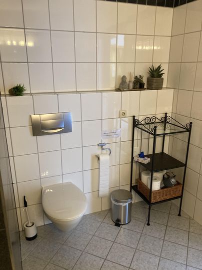 A modern bathroom with white tiles. It contains a toilet, a paper holder, and a shelf with towels and plants.