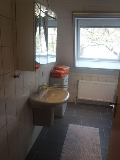 Een helder badkamer met een wastafel en een groot raam. Op de achtergrond zijn oranje handdoeken en een handdoekverwarmer te zien.