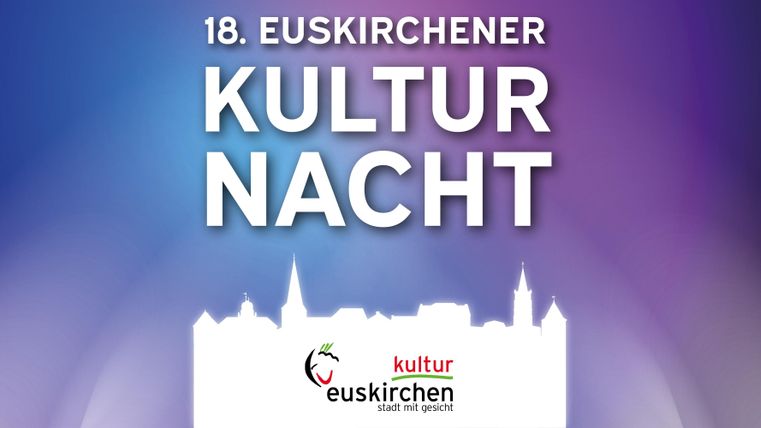Ein farbenfrohes Banner für die 18. Euskirchener Kulturnacht. Es zeigt den Schriftzug "Kultur Nacht" vor einer stilisierten Skyline.