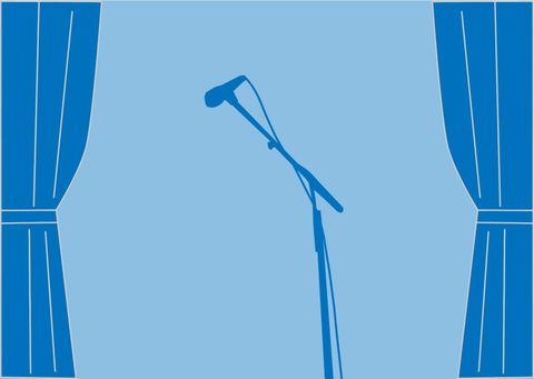 A microphone stands on the stage between blue curtains. The background is in a light blue shade.
