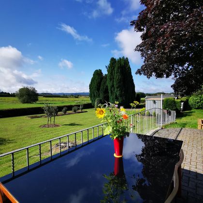 Een prachtig uitzicht op een groene landschap met bomen en wolken aan de lucht. Op een tafel staat een boeket bloemen in een rode vaas.