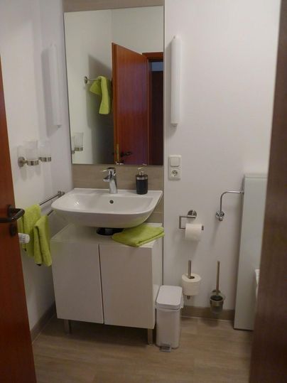 A modern bathroom with a sink, a mirror, and a wooden cabinet. The walls are light, and there are green towels as well as toilet paper holders.