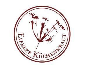 Ein schlichtes Logo mit dem Schriftzug "Eifeler Küchenkräut" und einer stilisierten Pflanze. Das Design ist in Rottönen gehalten und hat eine runde Form.