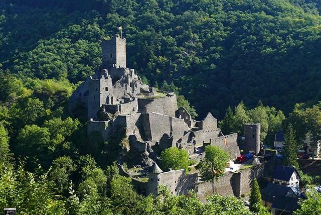 An impressive castle ruin on a hill, surrounded by green trees. The architecture features old stone walls and a tall tower.