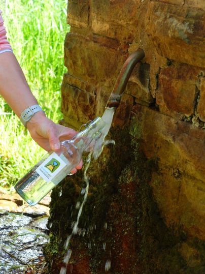 A person is filling a bottle with water from a faucet. The water flow is clear and bubbling.