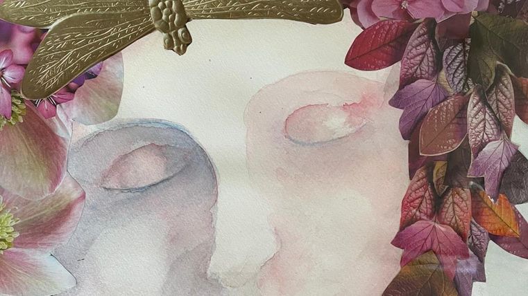 An artistic depiction of a face, surrounded by colorful flowers and a drawing of a dragonfly. The colors are soft and harmonious, creating a calm atmosphere.