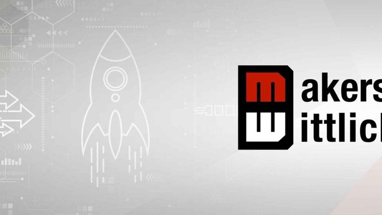 Ein modernes Design für einen Makerspace mit dem Namen „Makerspace Bittlich“. Die Grafik zeigt Symbole für Technologie und Kreativität, darunter eine Rakete.