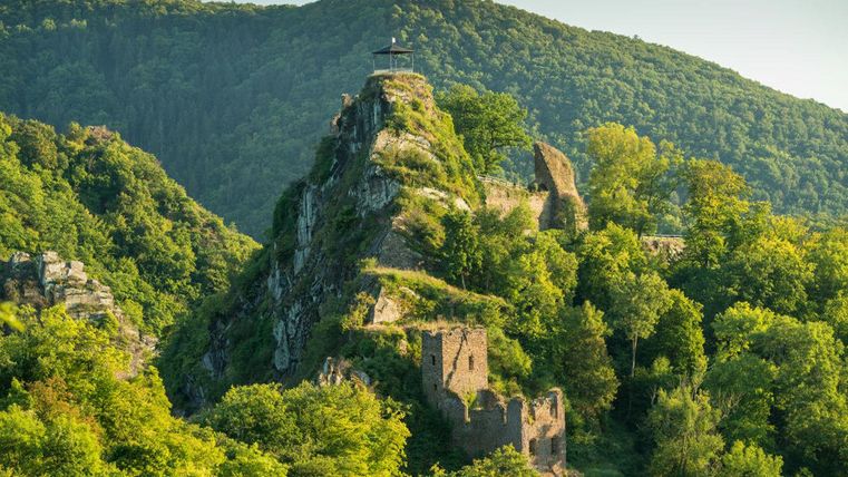 An old castle ruin on a wooded hill. In the background, gentle green mountains can be seen.