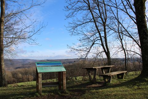A viewpoint with a table and a bench stands under trees. In the background, a wide landscape and a clear blue sky can be seen.