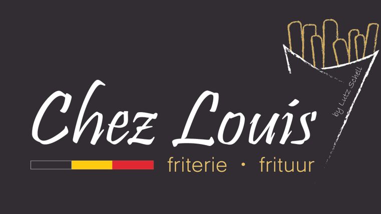 Een logo voor "Chez Louis", een frietkot. Het toont frieten en gebruikt de kleuren van de Belgische vlag.