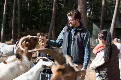 Ein Mann füttert eine Ziege in einer ländlichen Umgebung. Im Hintergrund stehen weitere Tiere und Menschen.