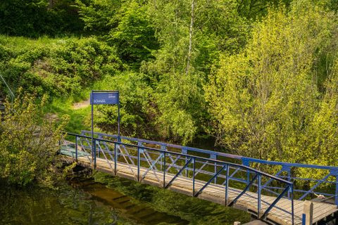 Een smalle, blauwe voetgangersbrug leidt over een rustige rivier. Omgeven door weelderig groen en bomen straalt de scène een vredige sfeer uit.