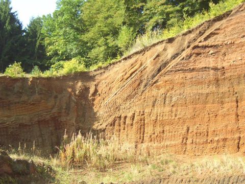 Vulkanrotswand van de Rockeskyller Kopf met zichtbare aardlagen.