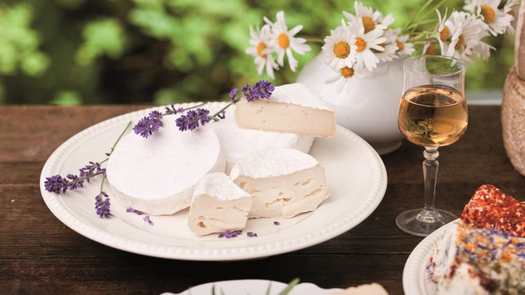 Eine Auswahl an Käse ist auf einem Teller mit frischen Blumen dekoriert. Im Hintergrund steht ein Glas Wein.