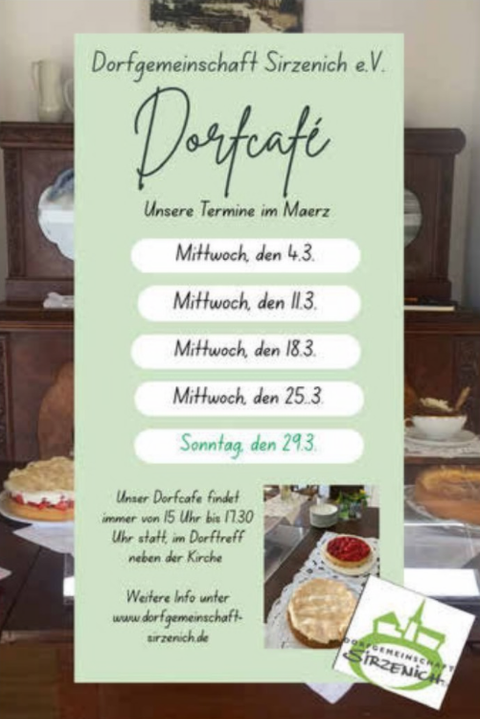 A flyer for the village café of the Sirzenich Community Association announces dates in October. It announces weekly meetings and a short break during the autumn holidays.