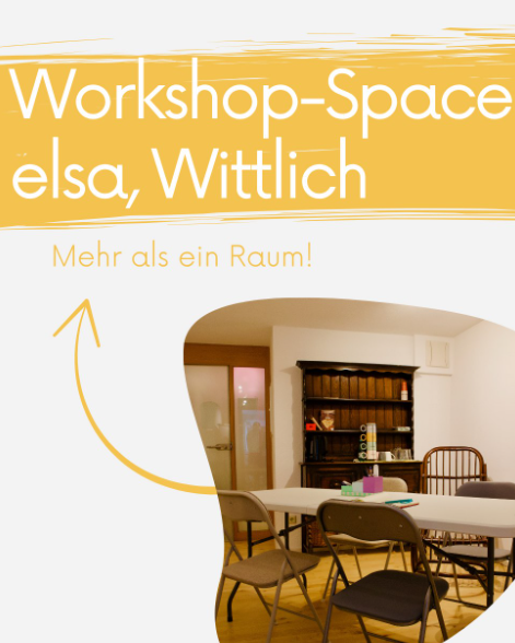 An inviting workshop room with tables and chairs. The walls are bright and the atmosphere is friendly.