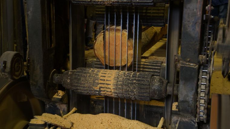 A woodworking machine processes tree trunks. Shavings and bark lie on the ground.