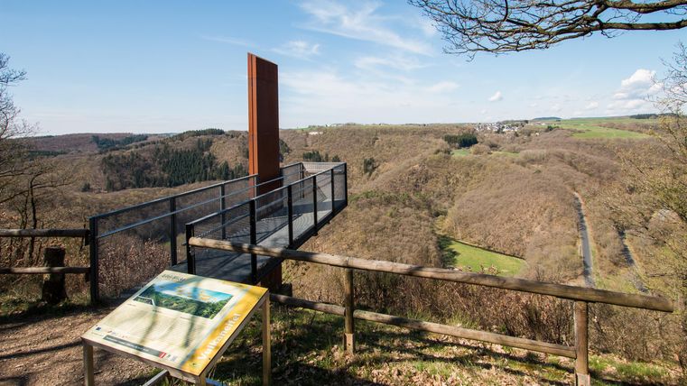 Eine Aussichtsplattform mit Blick auf eine bewaldete Landschaft. Im Vordergrund steht ein Informationsschild.
