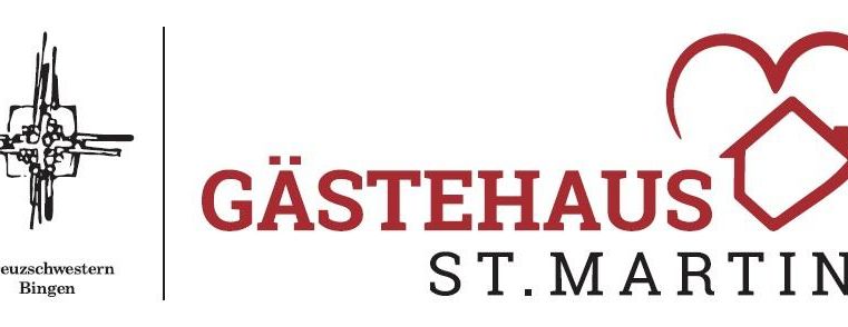 Ein Logo des Gästehauses St. Martin mit dem Titel „Gästehaus“ in roter Schrift. Darunter ist eine stilisierte Darstellung eines Hauses und zwei Herzen.