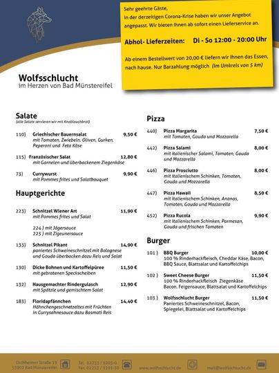 Eine Speisekarte eines Restaurants mit verschiedenen Kategorien wie Salate, Hauptgerichte, Pizza und Burger. Die Preise für die Gerichte sind ebenfalls angegeben.
