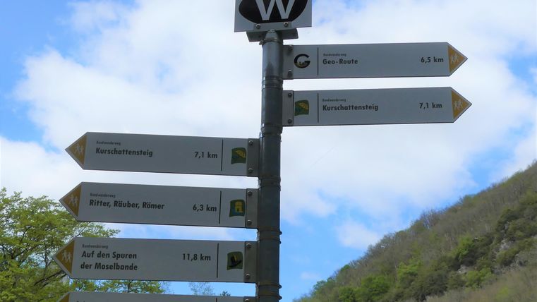Een wegwijzer met verschillende richtingen en afstanden naar wandelbestemmingen. De omgeving toont een groene landschap en een blauwe lucht.