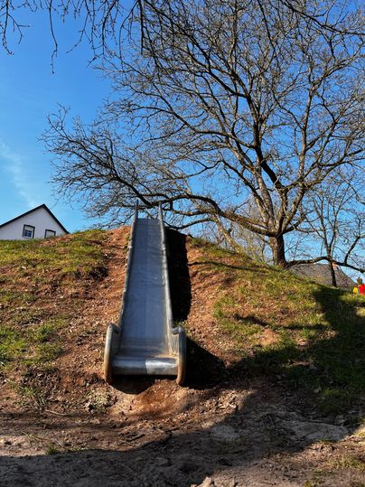 A long slide on a hill with a tree in the background. In the background, a house and blue sky are visible.
