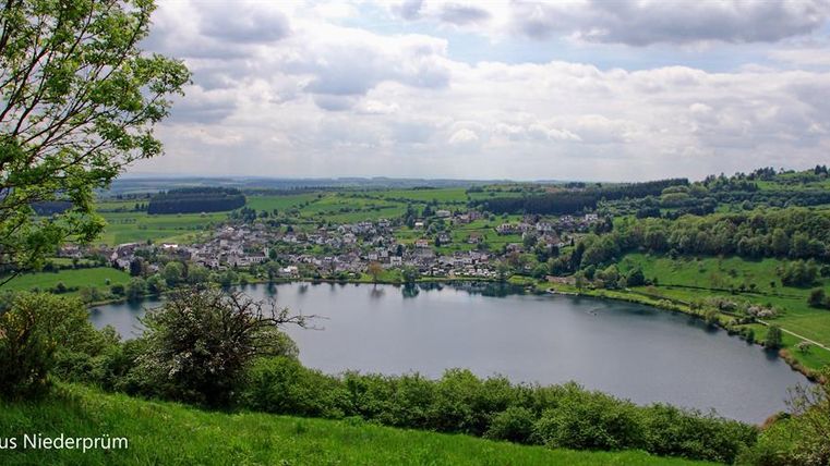 Een pittoresk landschap met een rustige meer en een klein dorp op de achtergrond. De omgeving is groen en omzoomd met bomen, onder een bewolkte lucht.