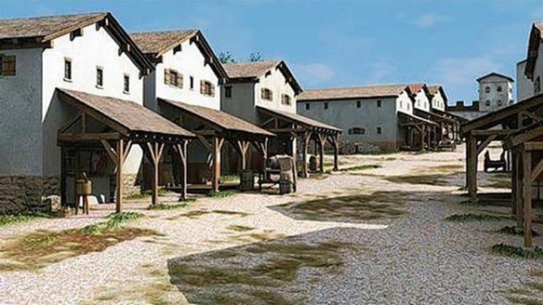 A historical settlement with several buildings and a paved path. The architecture is simple and rustic, surrounded by a natural landscape.