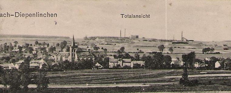 A historical landscape with a view of the village Mausbach-Diophenlinchen. Industrial facilities can be seen in the background.