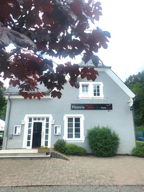A gray building with a sign that says "Pizzeria." In front of the entrance, there are plants and a paved path.