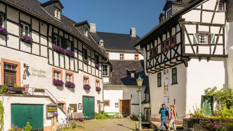 Ein malerischer Innenhof mit charmanten Fachwerkhäusern und bunten Blumen. Zwei Personen stehen in der Mitte und genießen die Atmosphäre.