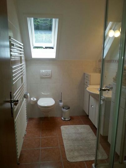 Ein modernes Badezimmer mit einem Fenster und einer Dusche. Es enthält eine Toilette, ein Waschbecken und einen Handtuchheizkörper.