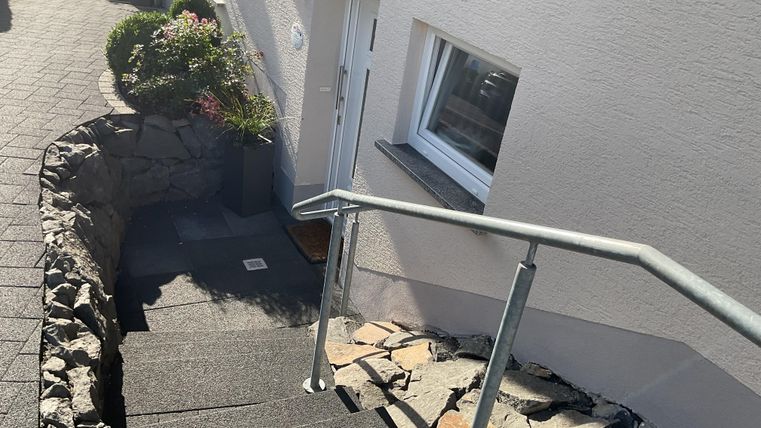 A staircase with a handrail and a stone edge. In the background, there is a front door and green plants.