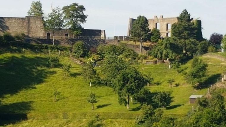 Een groene heuvelachtige landschap met oude ruïnes en veel bomen. Op de achtergrond zijn resten van een kasteel zichtbaar.