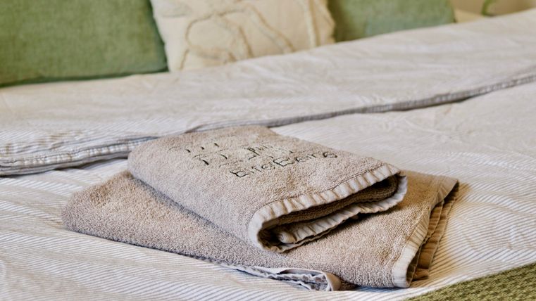 Een bed met gestreepte bedlinnen en decoratieve kussens. Daarop liggen netjes gevouwen handdoeken.